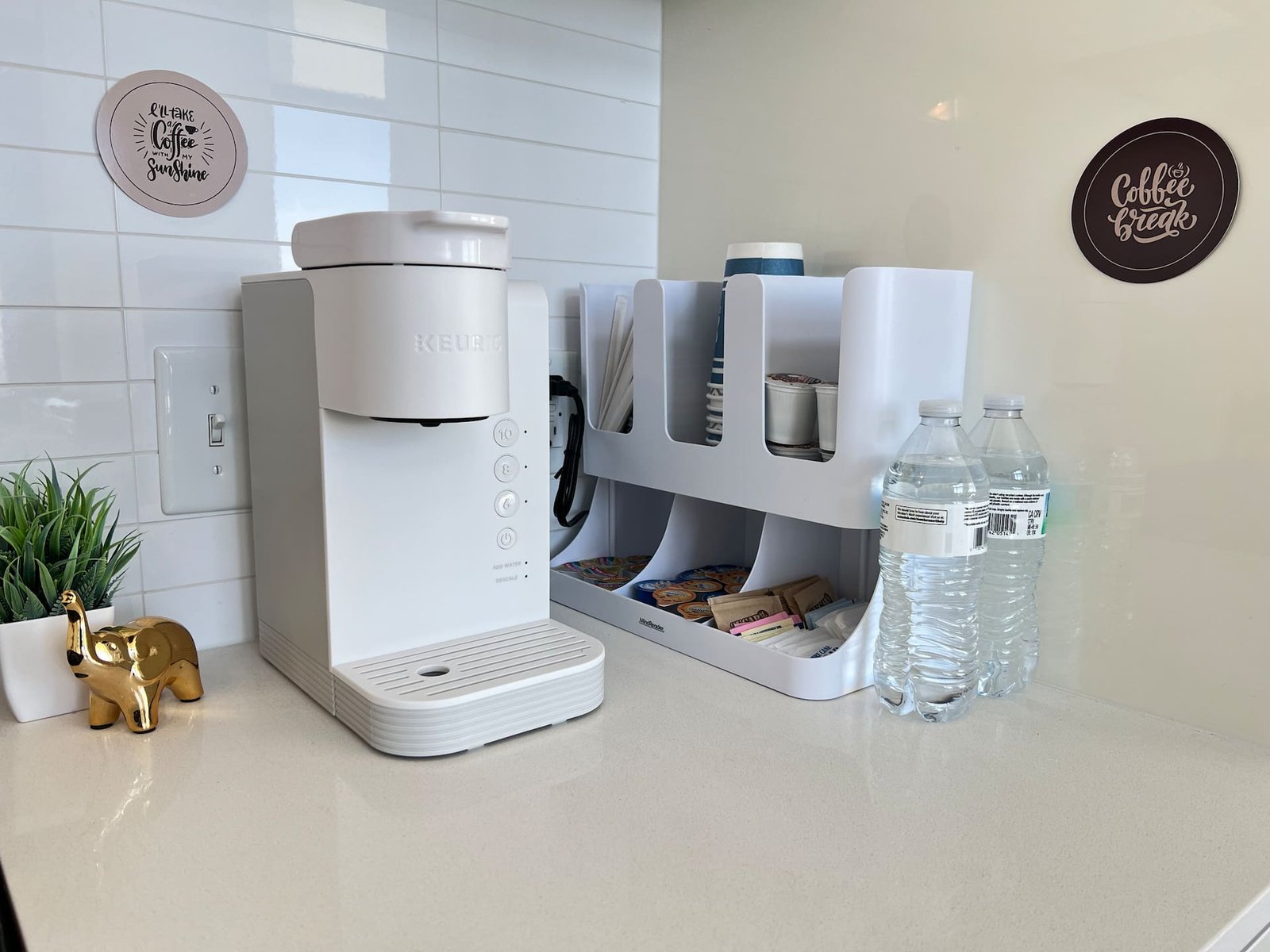 Coffee bar with pod machine and bottled water