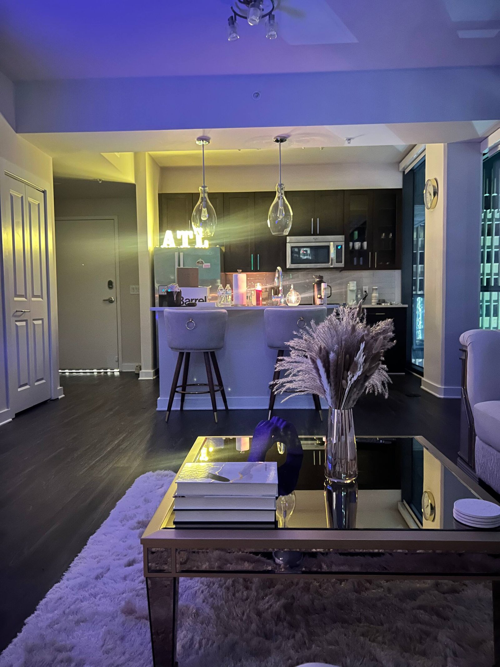 Evening ambience through the entry and kitchen